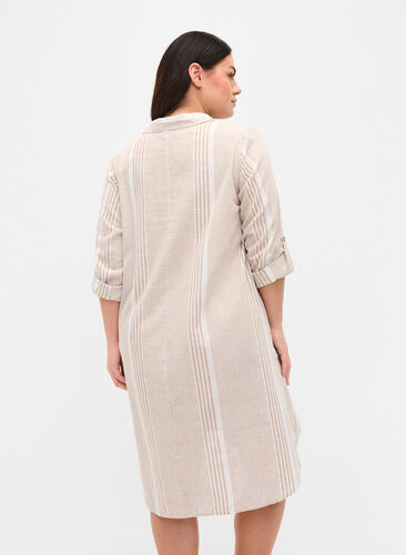 Gestreiftes Kleid aus Baumwolle und Leinen, White Taupe Stripe, Model image number 1