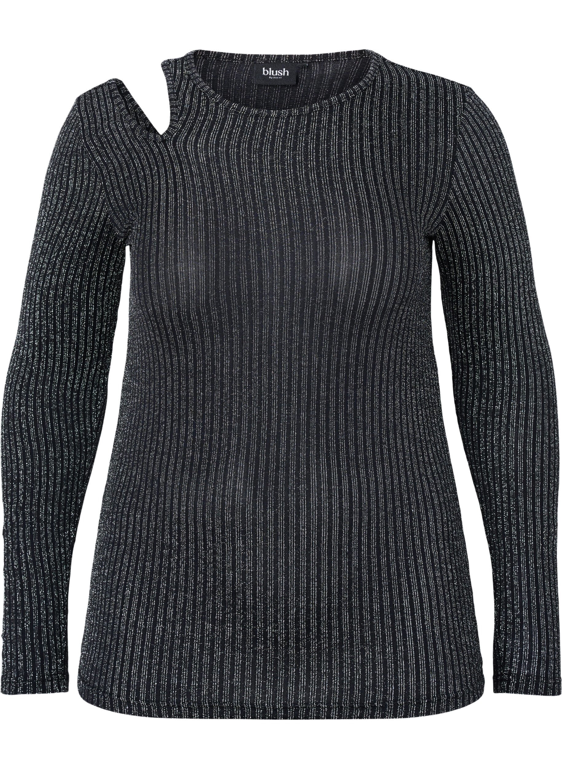 Zizzi Lang&auml;rmelige Bluse mit Glitzerausschnitt, B. w. Silver Stripes, Packshot image number 0