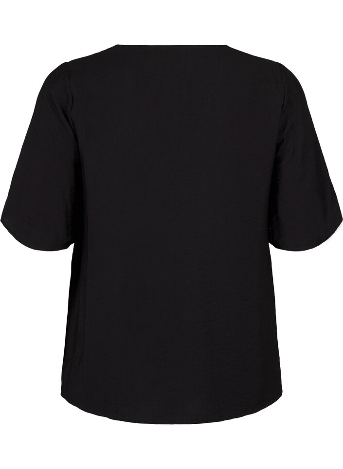 Viskose-Bluse mit V-Ausschnitt und Stickdetail, Schwarz, Packshot image number 1