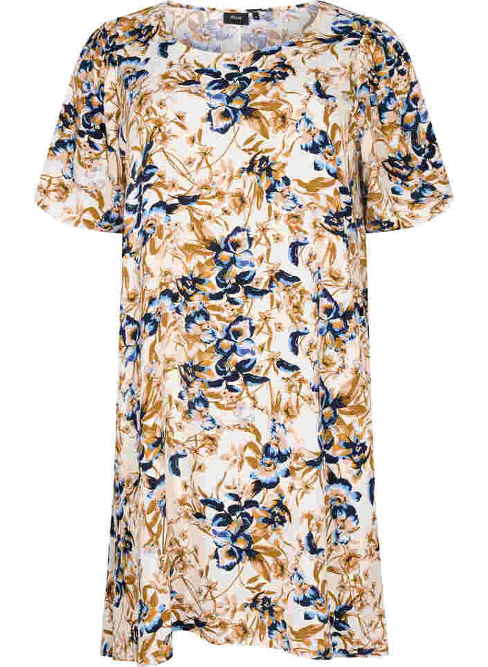 Kurzärmeliges Viskosekleid mit Blumendruck, Ecru Flower, Packshot image number 0
