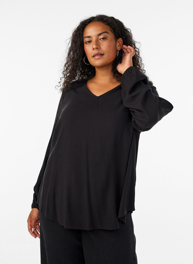 Bluse aus Viskose mit V-Ausschnitt und langen &Auml;rmeln, Schwarz, Model image number 0