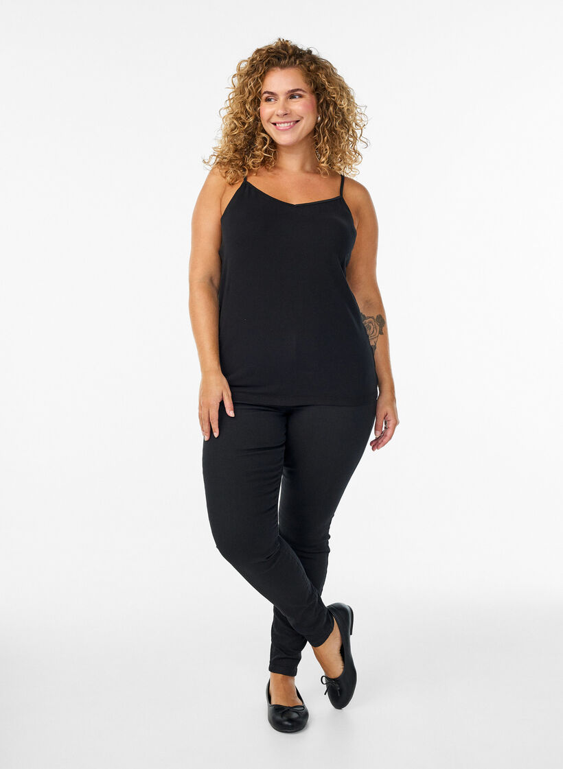 Basic-Spaghettitr&auml;ger-Top aus Baumwolle, Schwarz, Model image number 1