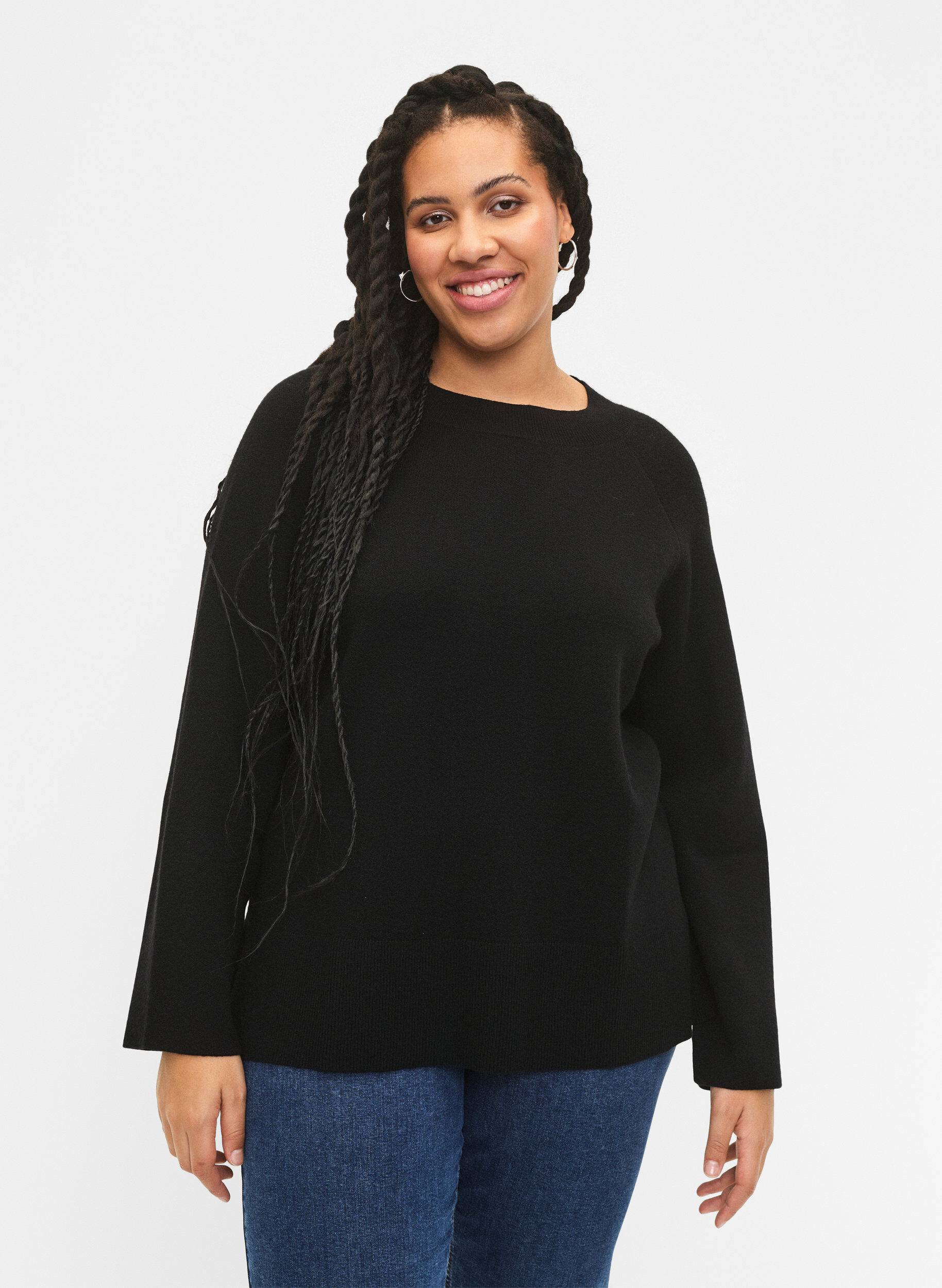 Zizzi Pullover aus Viskosemischung mit Seitenschlitz	, Black, Model image number 0