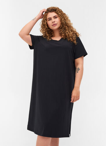 Kurzarm Kleid aus Baumwolle mit Schlitz, Black, Model image number 0
