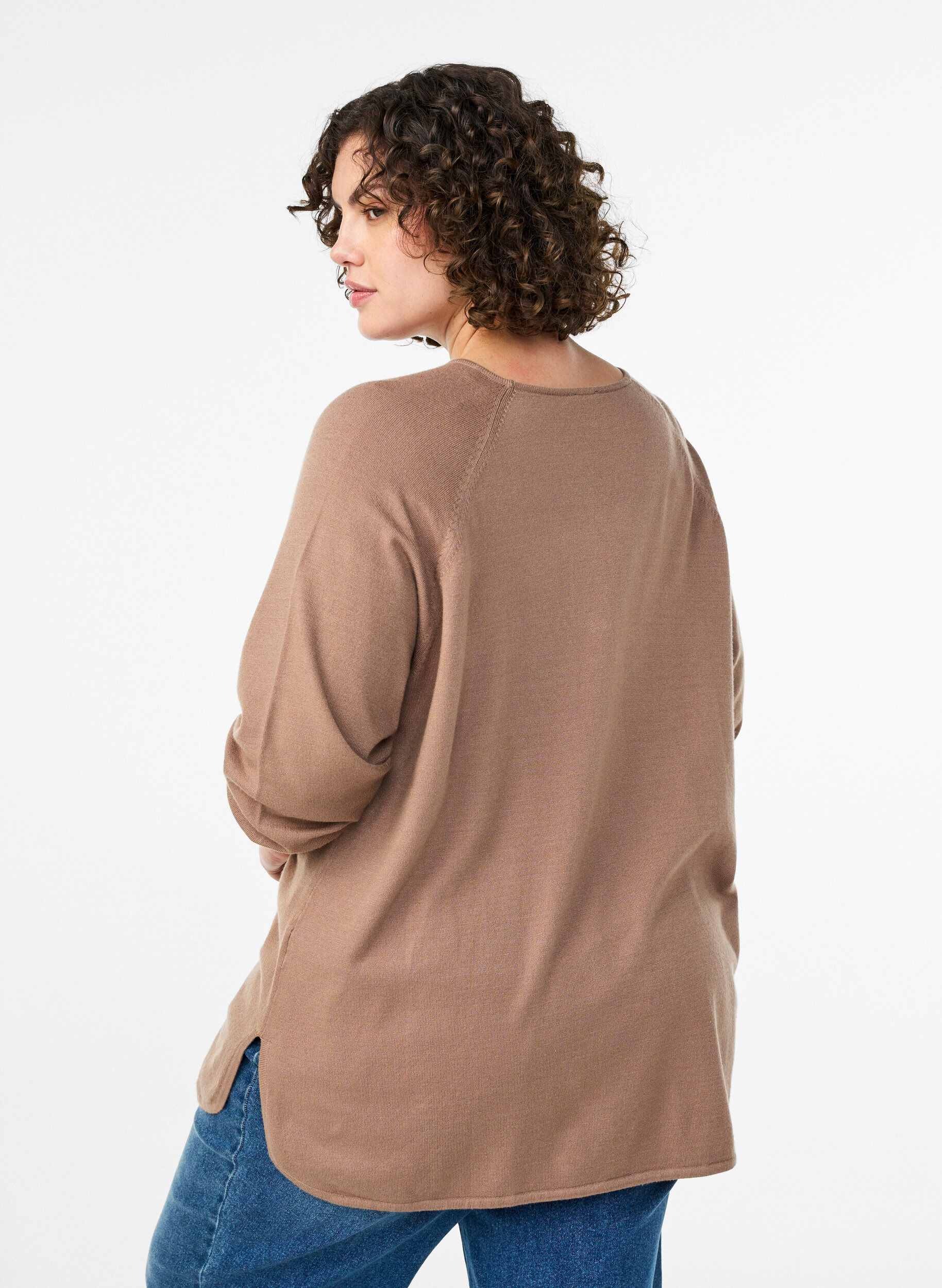 Zizzi Strickbluse mit Rundhalsausschnitt und Strickmuster, Braun, Model image number 2