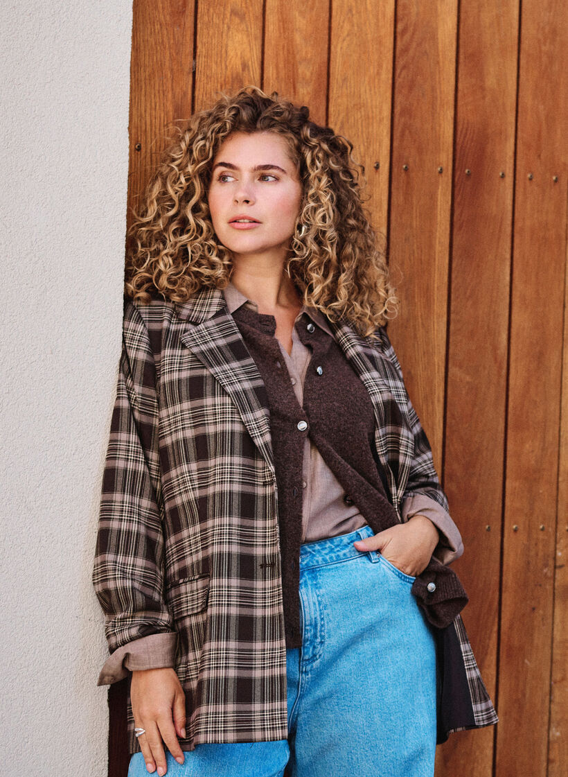 Karierter Blazer mit Taschen und Gehschlitz, Braun, Image image number 0