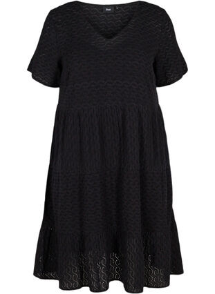 Kurzarm Kleid mit Lochstickerei, Black, Packshot image number 0