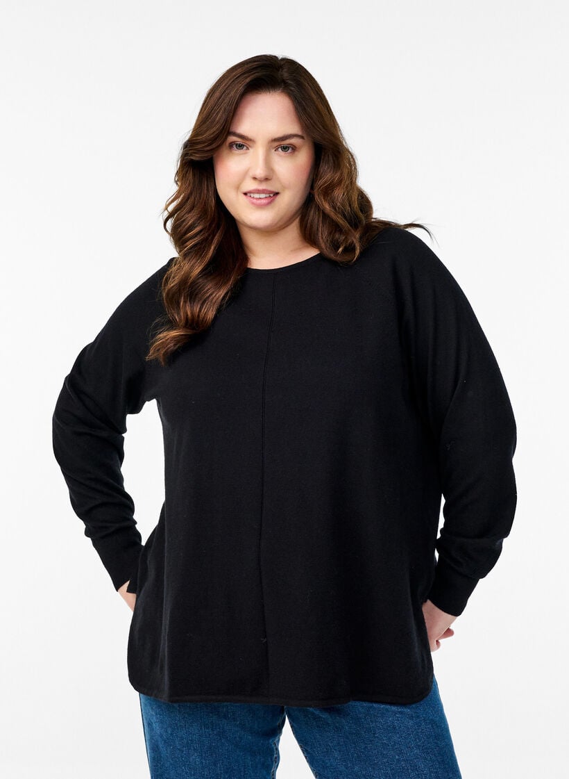 Strickbluse mit Rundhalsausschnitt und Strickmuster, Schwarz, Model image number 0