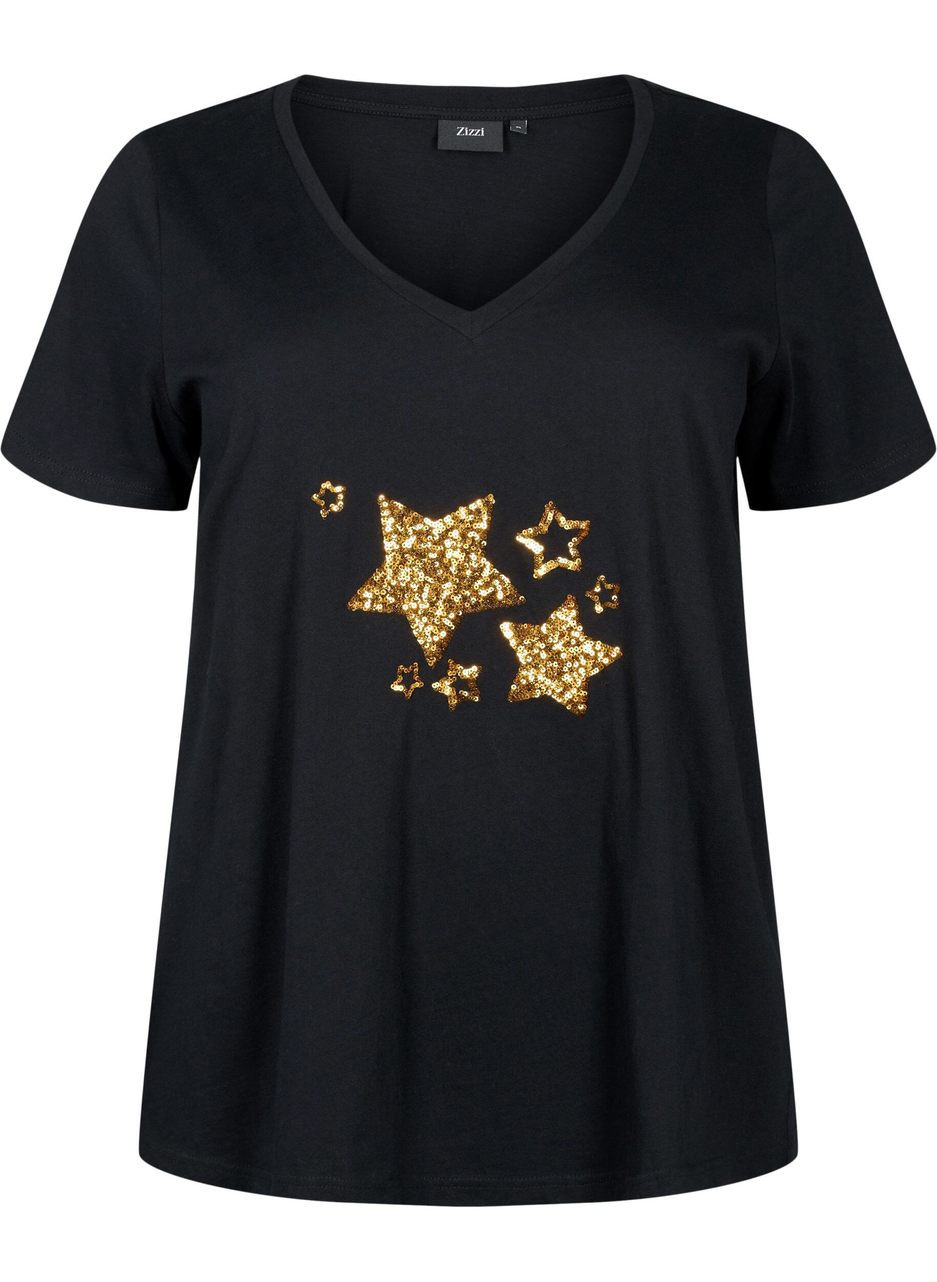 Zizzi Baumwoll-T-Shirt mit Pailletten, Black W. Star, Packshot image number 0