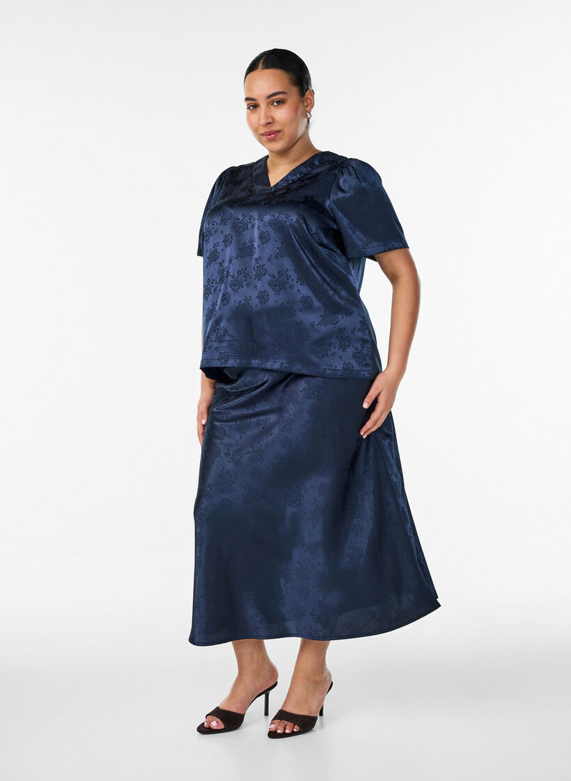 Rock aus Satin mit Ton-in-Ton-Blumenmuster, Blau, Model image number 0