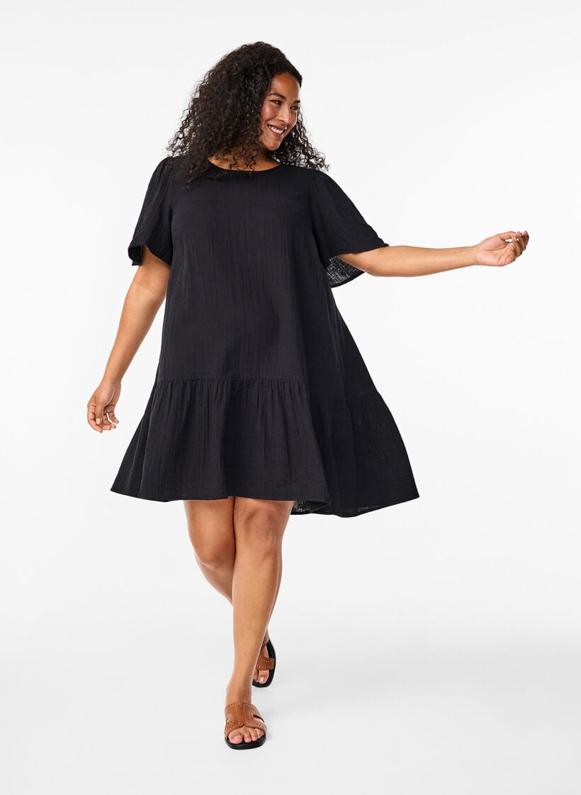 Kurz&auml;rmliges Kleid aus Baumwolle mit A-Linien-Schnitt, Schwarz, Model image number 1