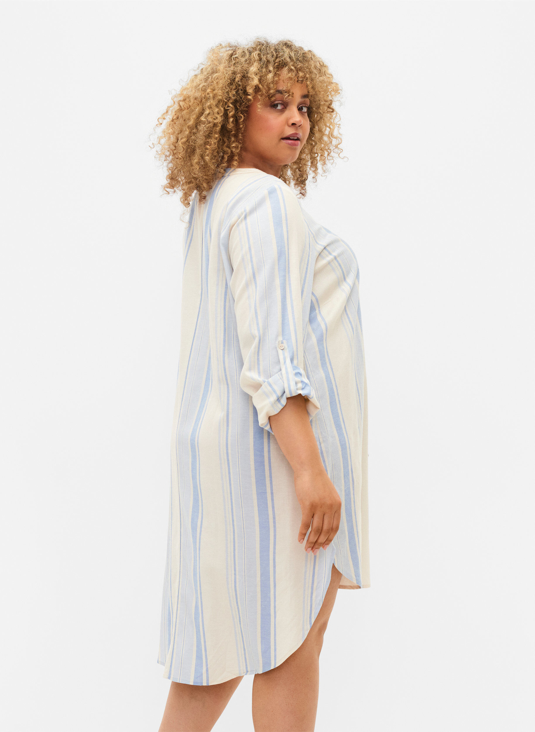 Zizzi Gestreiftes Kleid mit langen &Auml;rmeln, Birch w. Stripes, Model image number 1