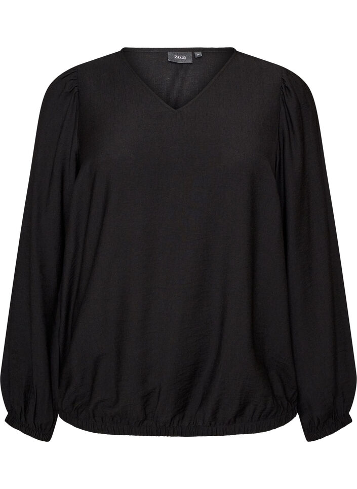 Viskosebluse mit V-Ausschnitt und Ballonform, Schwarz, Packshot image number 0