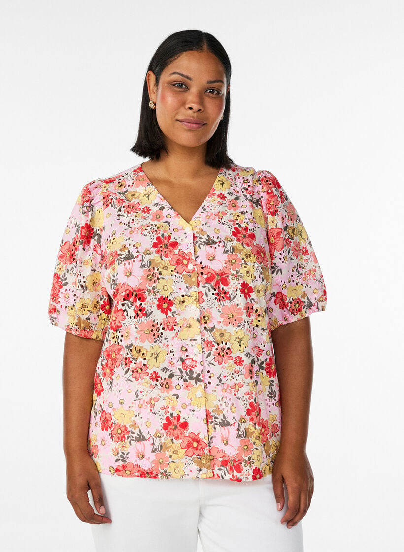 Gebl&uuml;mte Bluse mit Lochstickerei und V-Ausschnitt, Rot, Model image number 0