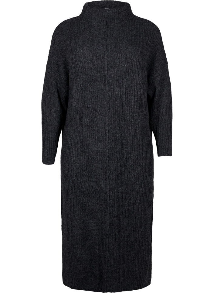 Langes, &uuml;bergro&szlig;es Strickkleid mit Schlitz, Grau, Packshot image number 0