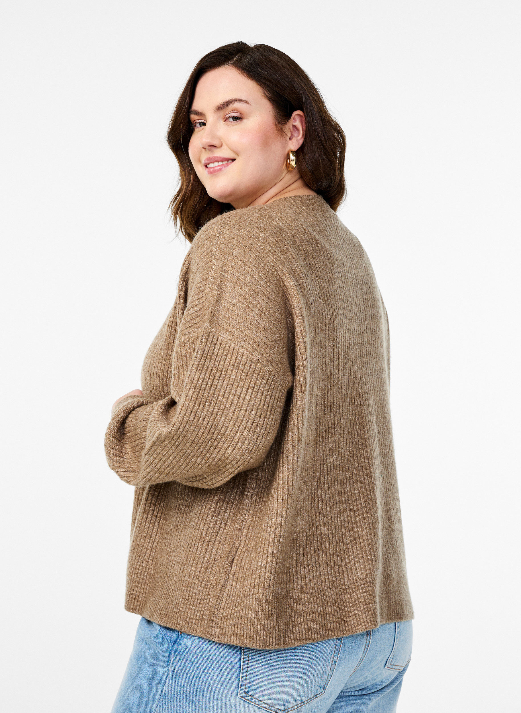 Zizzi Rippenstrick Strickjacke mit Kn&ouml;pfen, Braun, Model image number 2