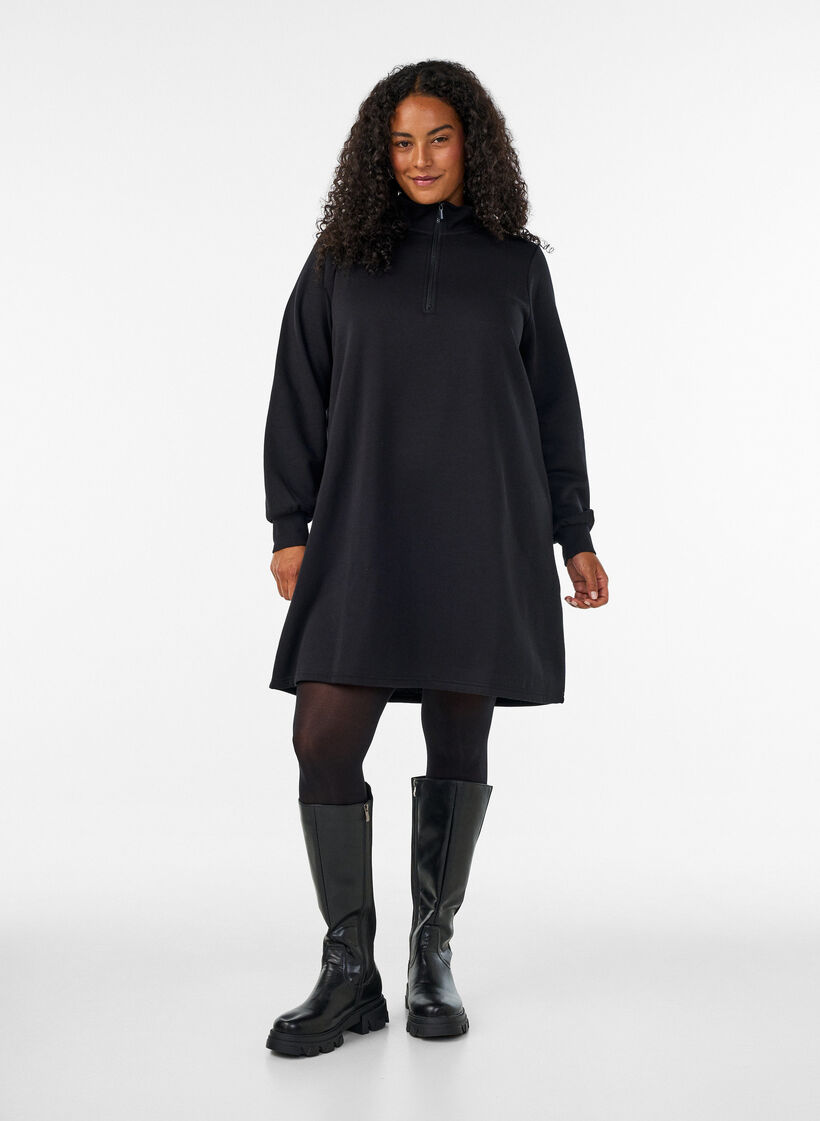 Sweatkleid mit hohem Rippkragen und Rei&szlig;verschluss, Schwarz, Model image number 1