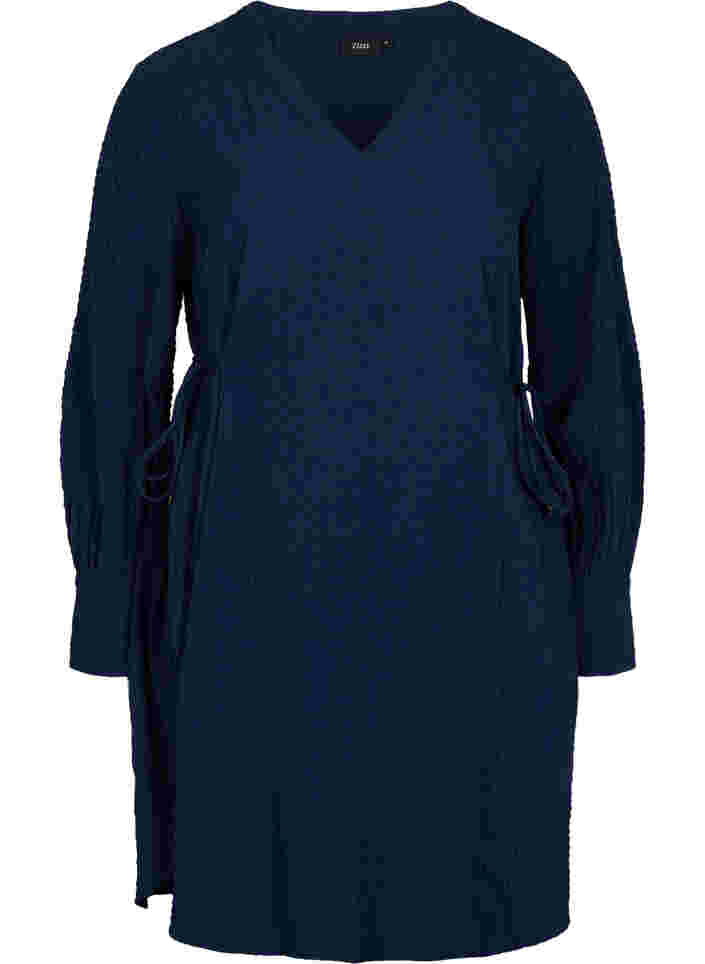 Langarm Kleid mit V-Ausschnitt und Bindeschnüre, Navy Blazer, Packshot image number 0