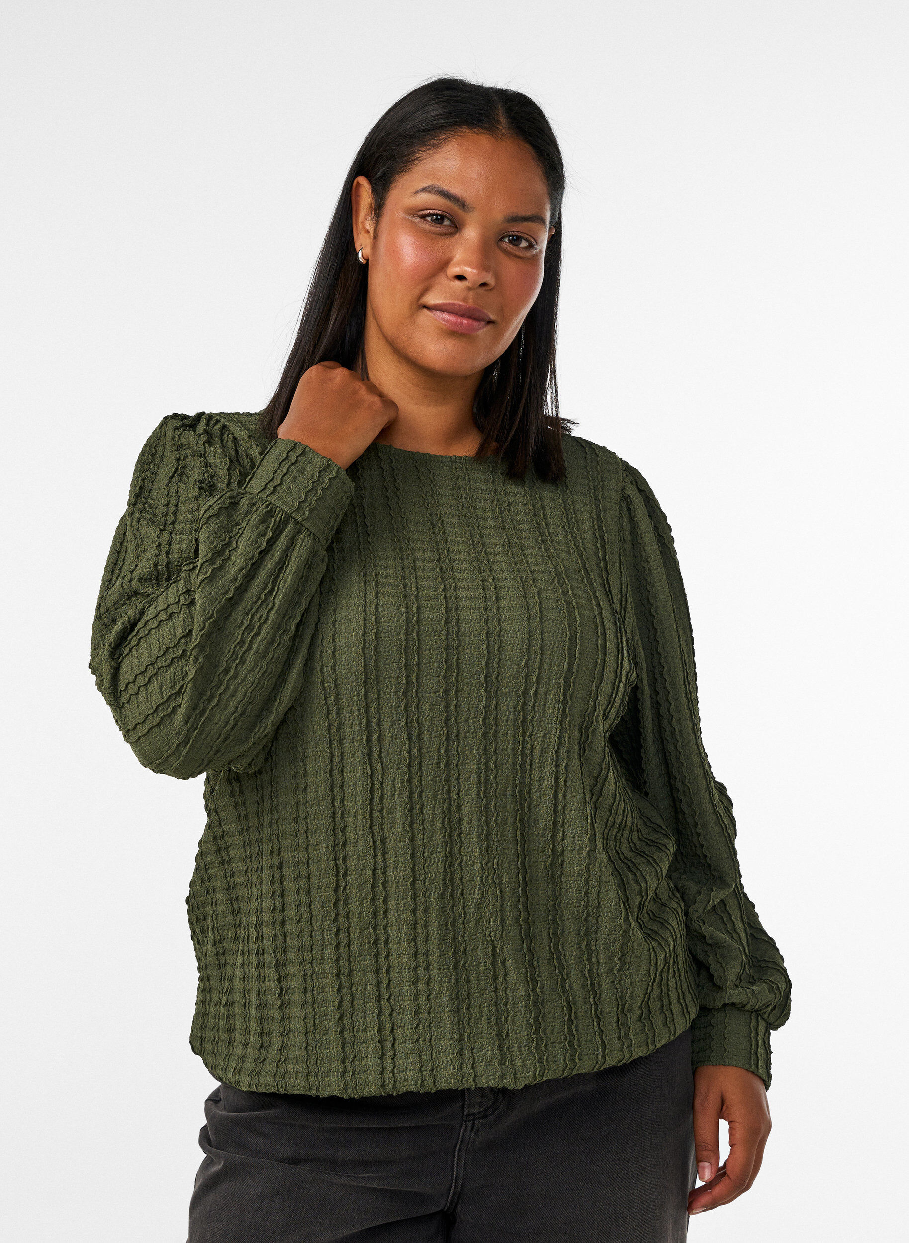 ZizziJerseybluse mit Struktur und Ballonsilhouette, Gr&uuml;n, Model image number 0