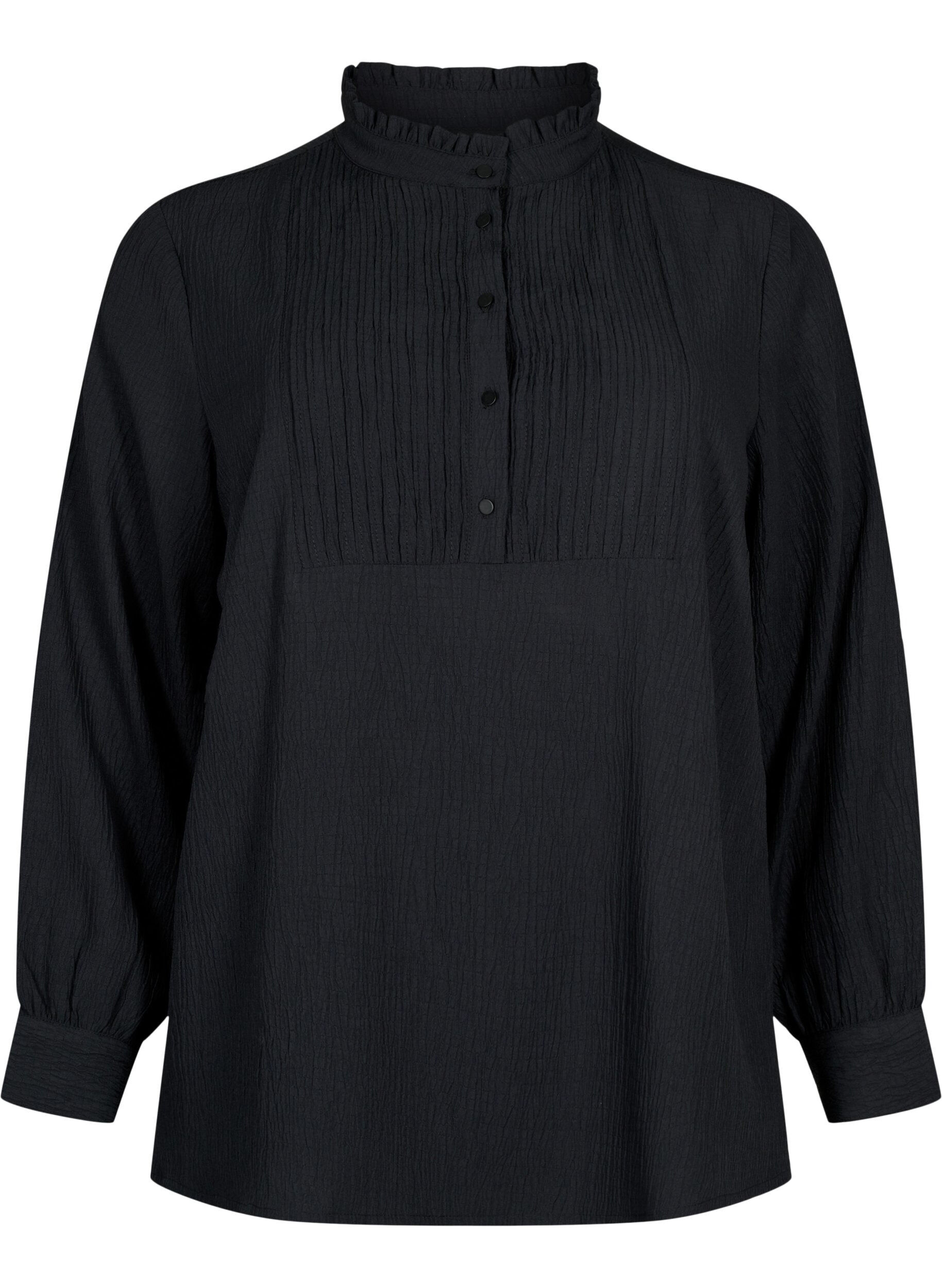 Zizzi Lang&auml;rmlige Bluse mit R&uuml;schenkragen, Black, Packshot image number 0