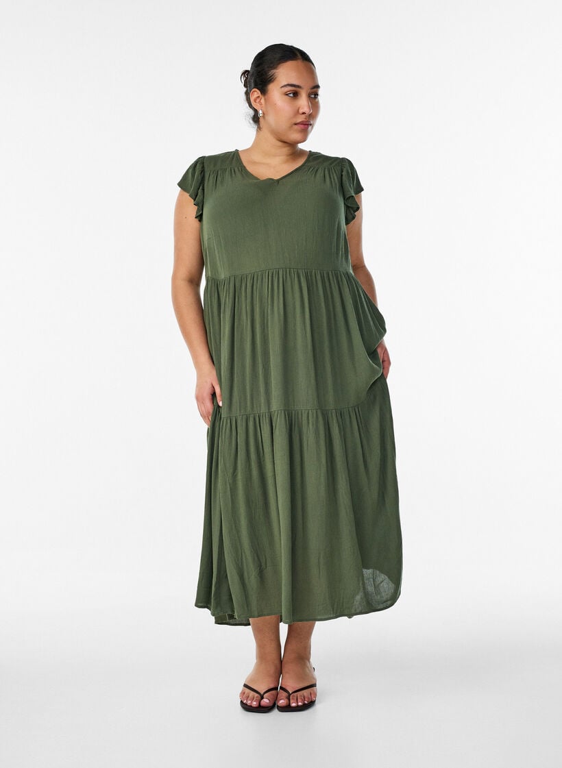 Midikleid aus Viskose mit R&uuml;schen&auml;rmeln, Gr&uuml;n, Model image number 0