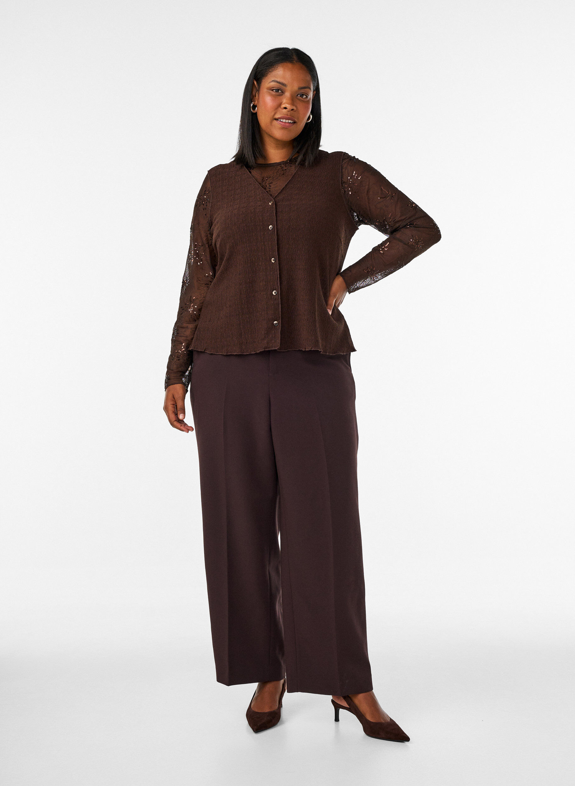 ZizziBluse aus Mesh mit Blumen und Pailletten, Braun, Model image number 1
