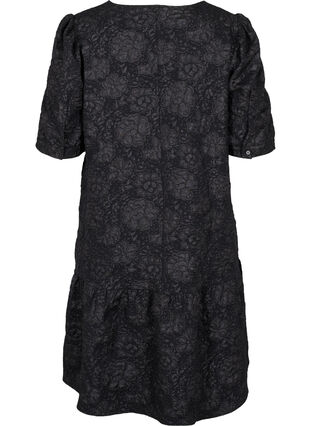 Kurzärmeliges Kleid mit V-Ausschnitt und floraler Textur, Black, Packshot image number 1