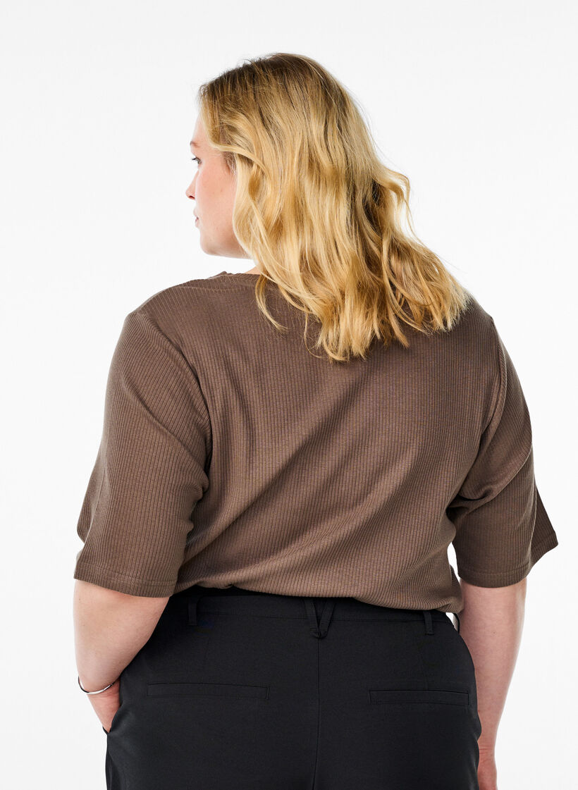 Bluse aus geripptem Jersey mit kurzen Ärmeln, Braun, Model image number 2