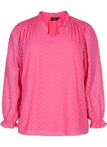 Bluse mit langen Ärmeln und Rüschendetails, Shocking Pink, Packshot image number 0