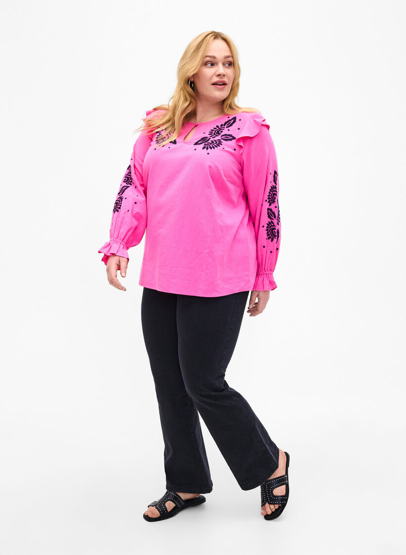 Baumwollbluse mit Stickerei und Rüschen, Pink, Model image number 1