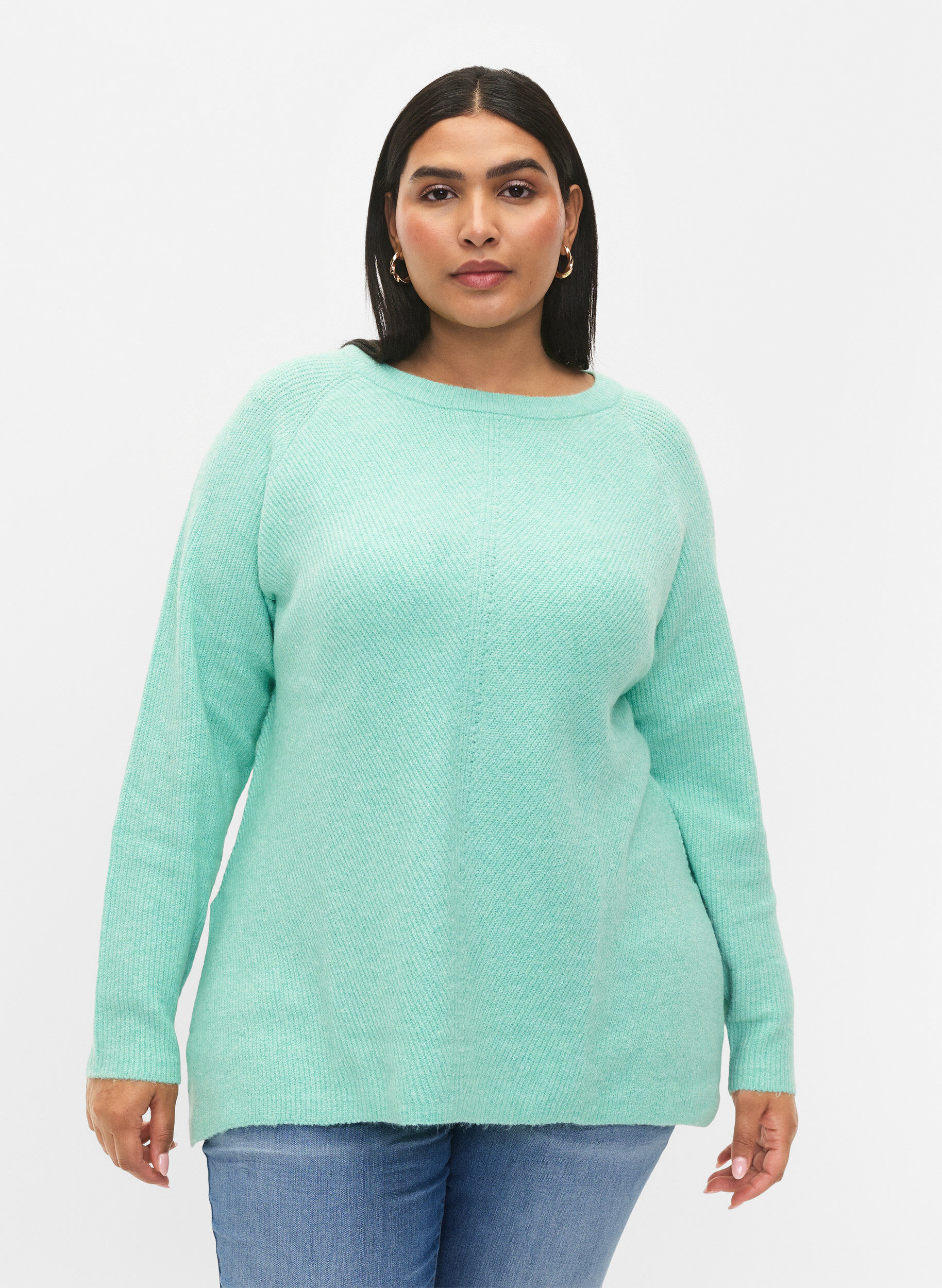 Zizzi Melange-Pullover mit Seitenschlitz, Cabbage/White, Model image number 0