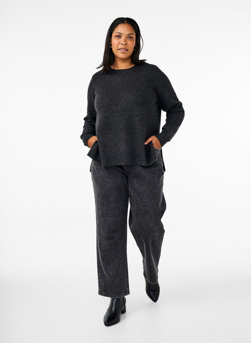 Stricktop aus Wolle mit Schlitzen, Dark Grey Melange, Model image number 2