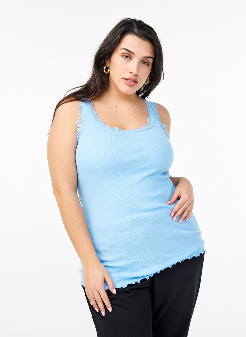 Top mit Spitzensaum, Blau, Model image number 0