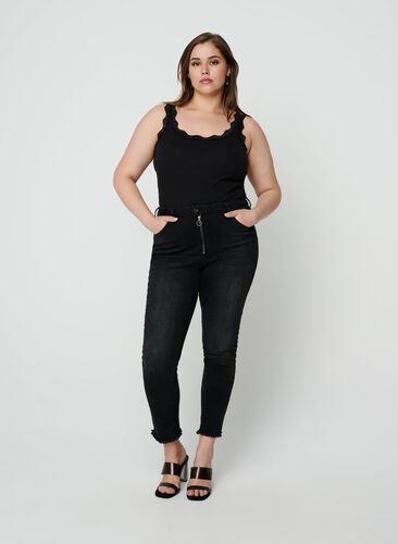 Cropped Nille Jeans mit coolen Fransensäumen, Dark Grey Denim, Model image number 0