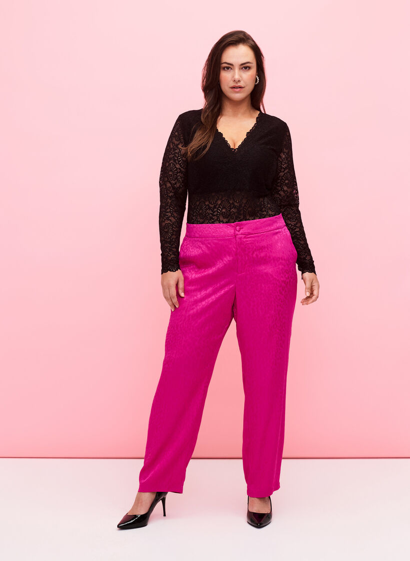 Langärmeliger Spitzen-Bodystocking mit V-Ausschnitt, Black, Model image number 2