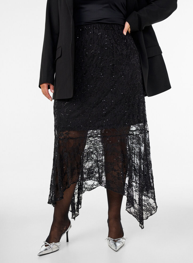 Midirock aus Spitze mit Pailletten, Schwarz, Model image number 0