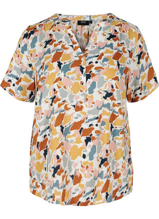 Bluse mit kurzen Ärmeln und V-Ausschnitt, Multicolor AOP, Packshot image number 0