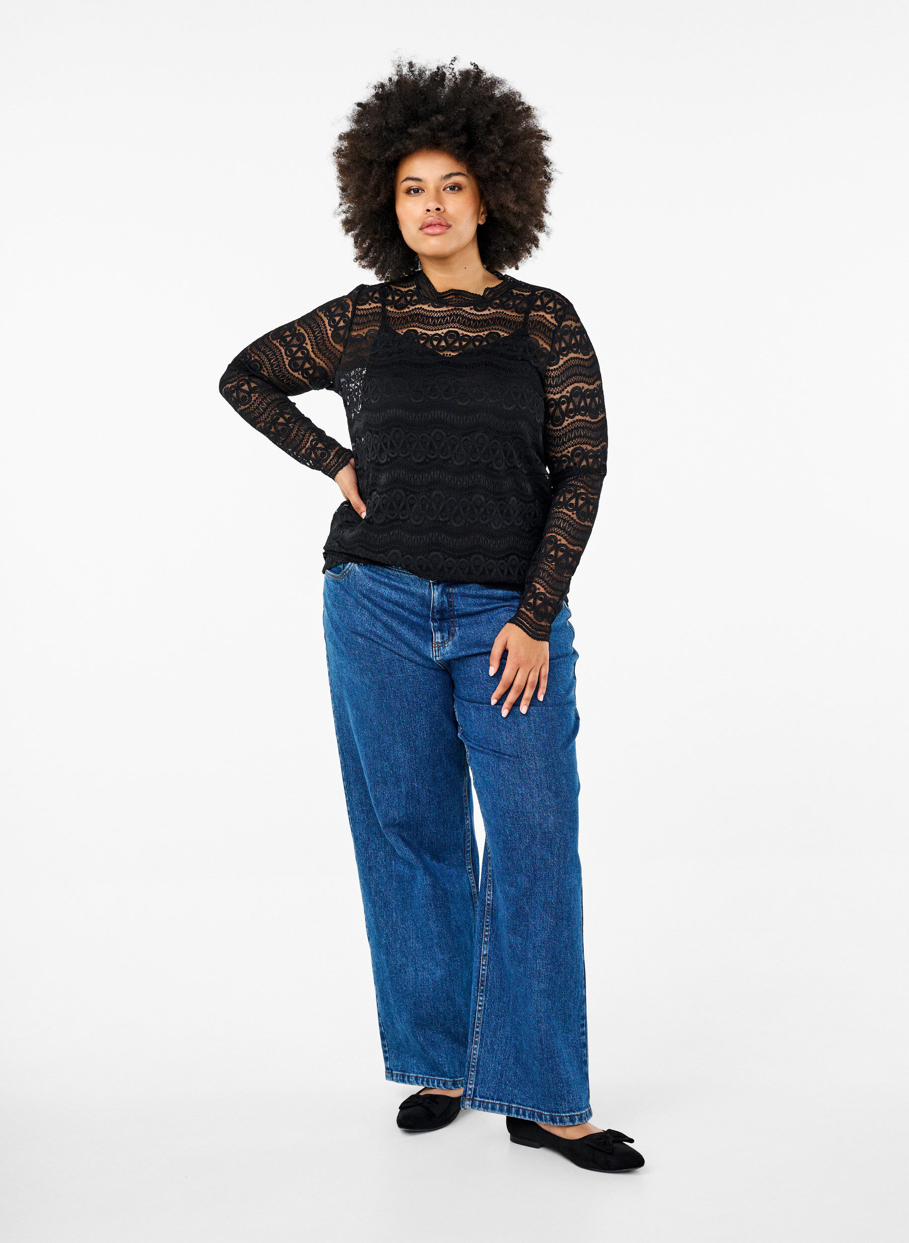 Zizzi Spitzenbluse mit langen &Auml;rmeln, Black, Model image number 2