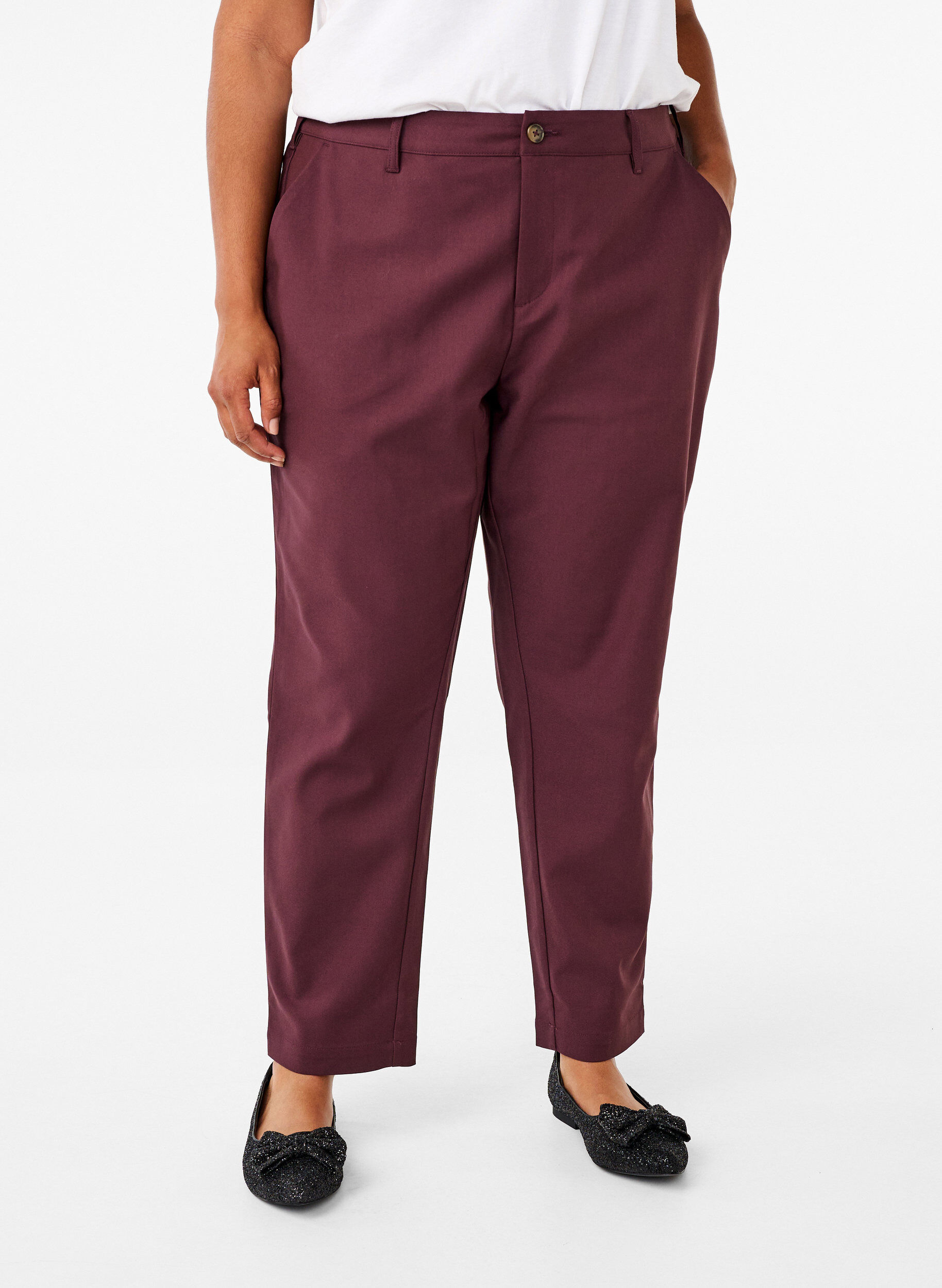 Zizzi Hose mit hohem Bund und geradem Bein, Dunkles Bordeaux, Model image number 2