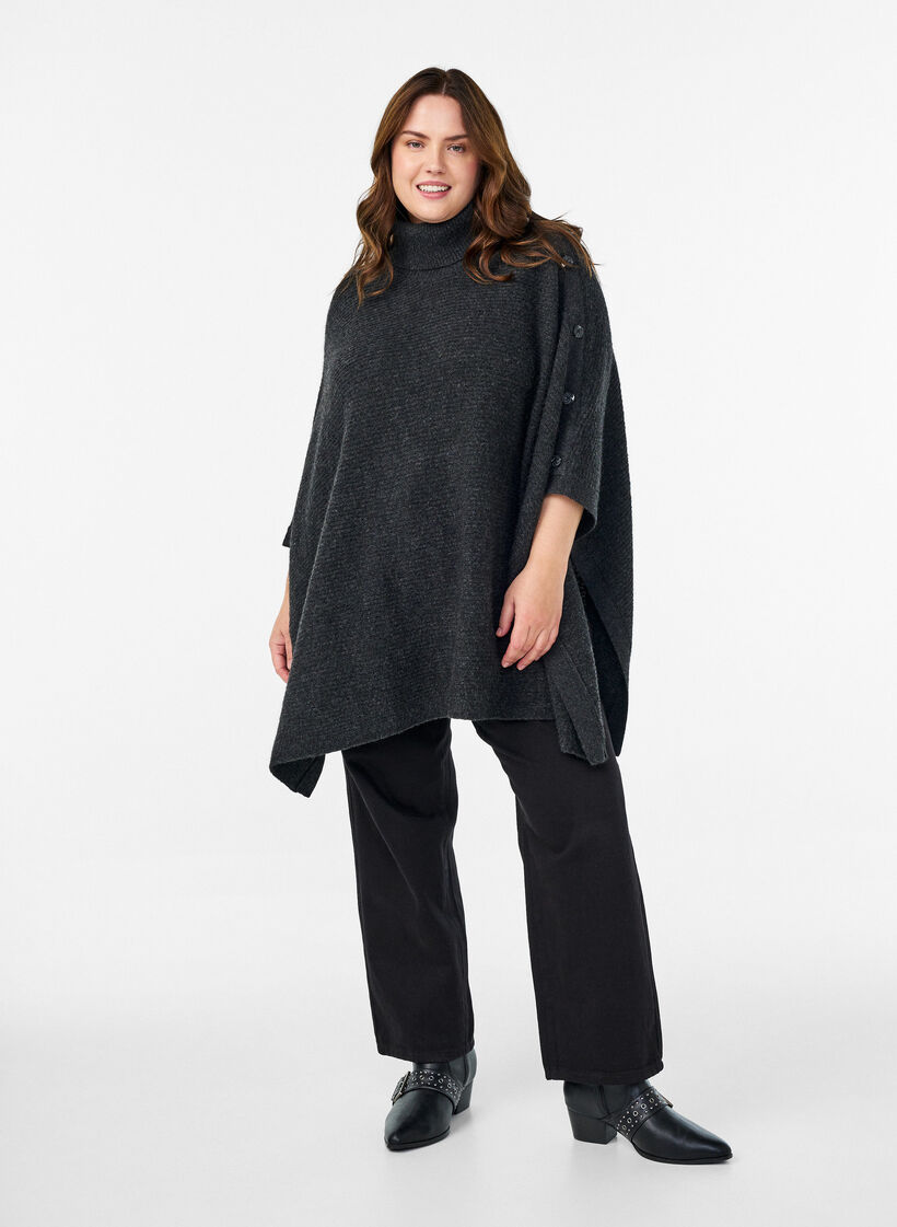 Poncho mit Rollkragen und Knopfdetail, Grau, Model image number 1