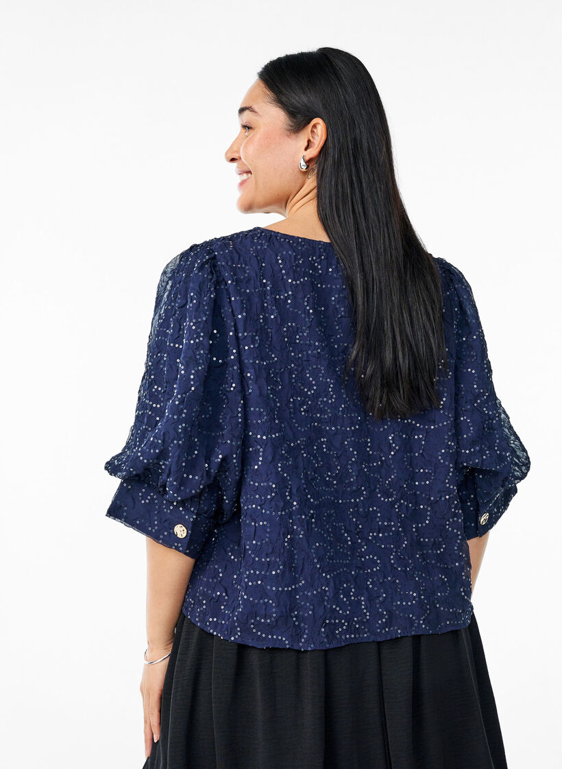 Partybluse mit Pailletten und halblangen Ärmeln, Blau, Model image number 2