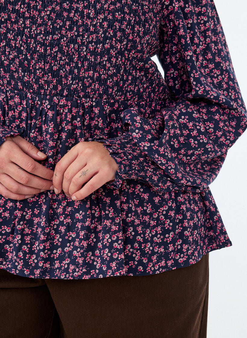 Bluse mit gesmoktem Oberteil und gebl&uuml;mtem Print, Blau, Model image number 3
