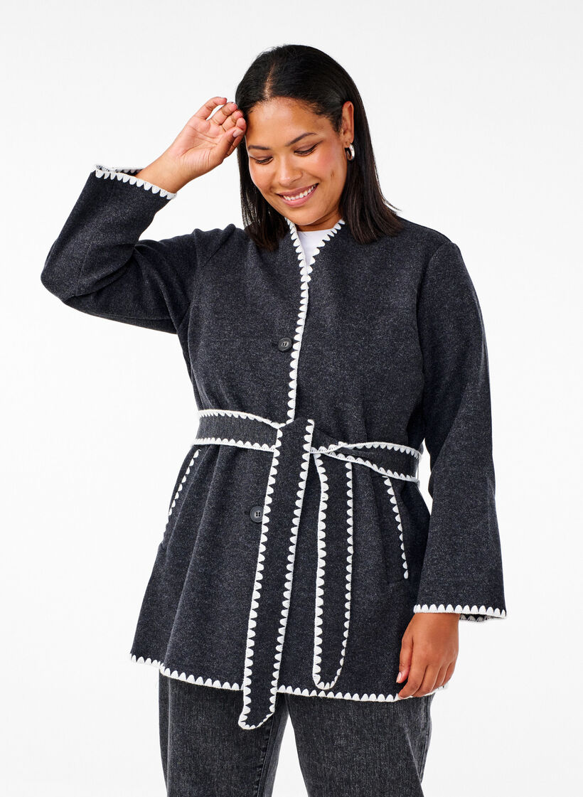 Mantel mit kontrastfarbenen Rändern, Dark Grey Melange, Model image number 0