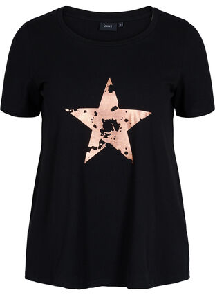 Kurzarm T-Shirt aus Baumwolle mit Aufdruck, Black w. star copper, Packshot image number 0