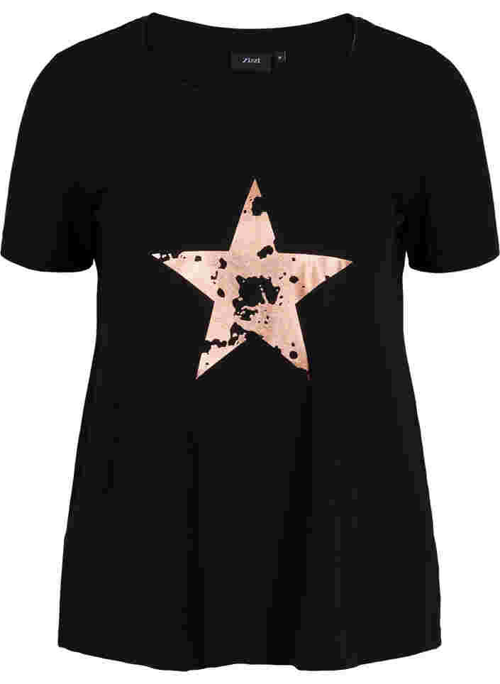 Kurzarm T-Shirt aus Baumwolle mit Aufdruck, Black w. star copper, Packshot image number 0