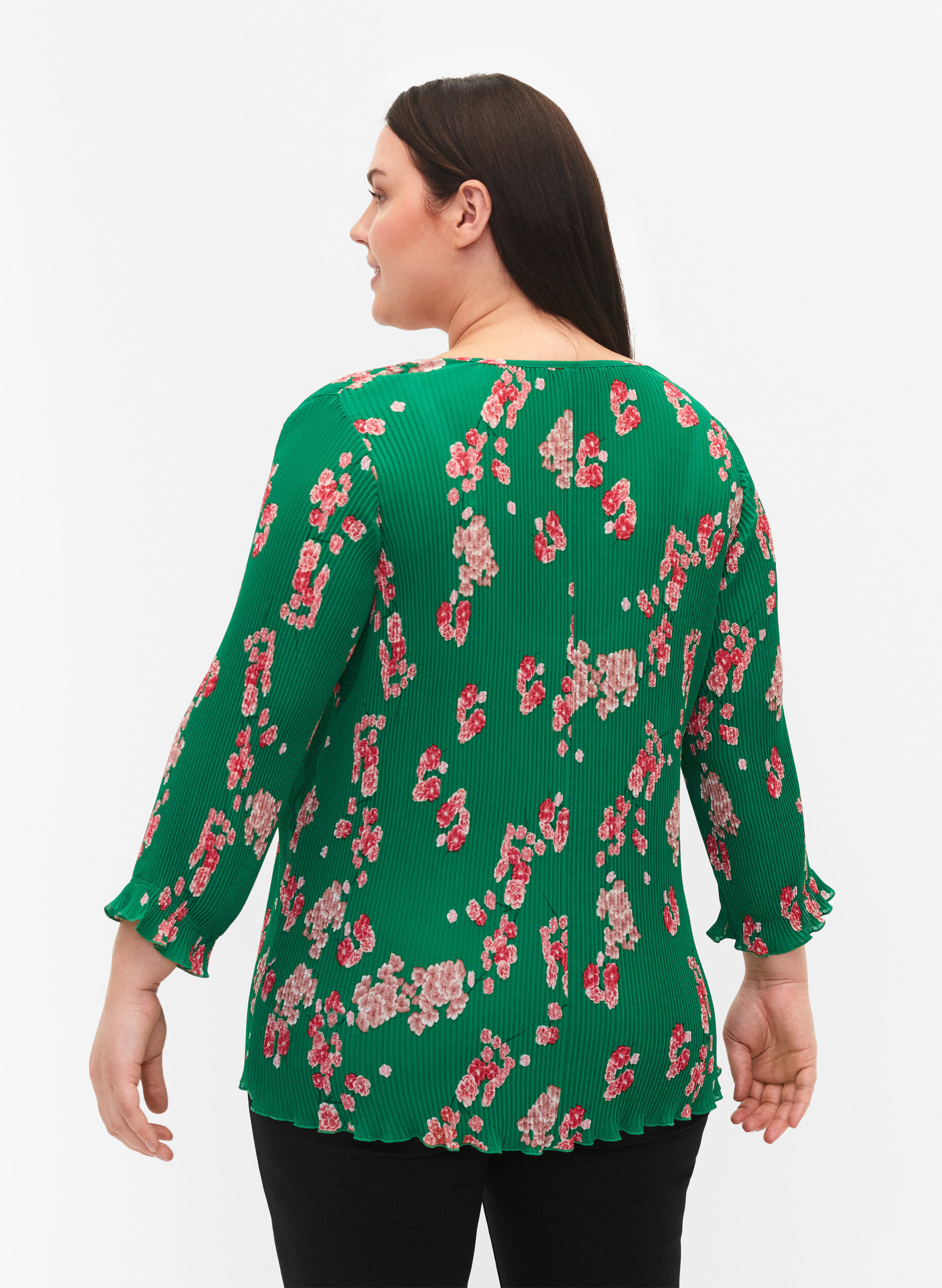 Zizzi Plissierte Bluse mit 3/4-&Auml;rmeln, Jolly Green Flower, Model image number 1