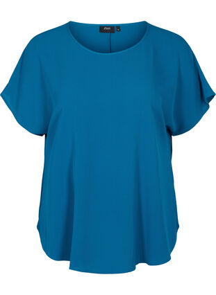 Bluse mit kurzen Ärmeln und Rundhalsausschnitt, Moroccan Blue, Packshot image number 0