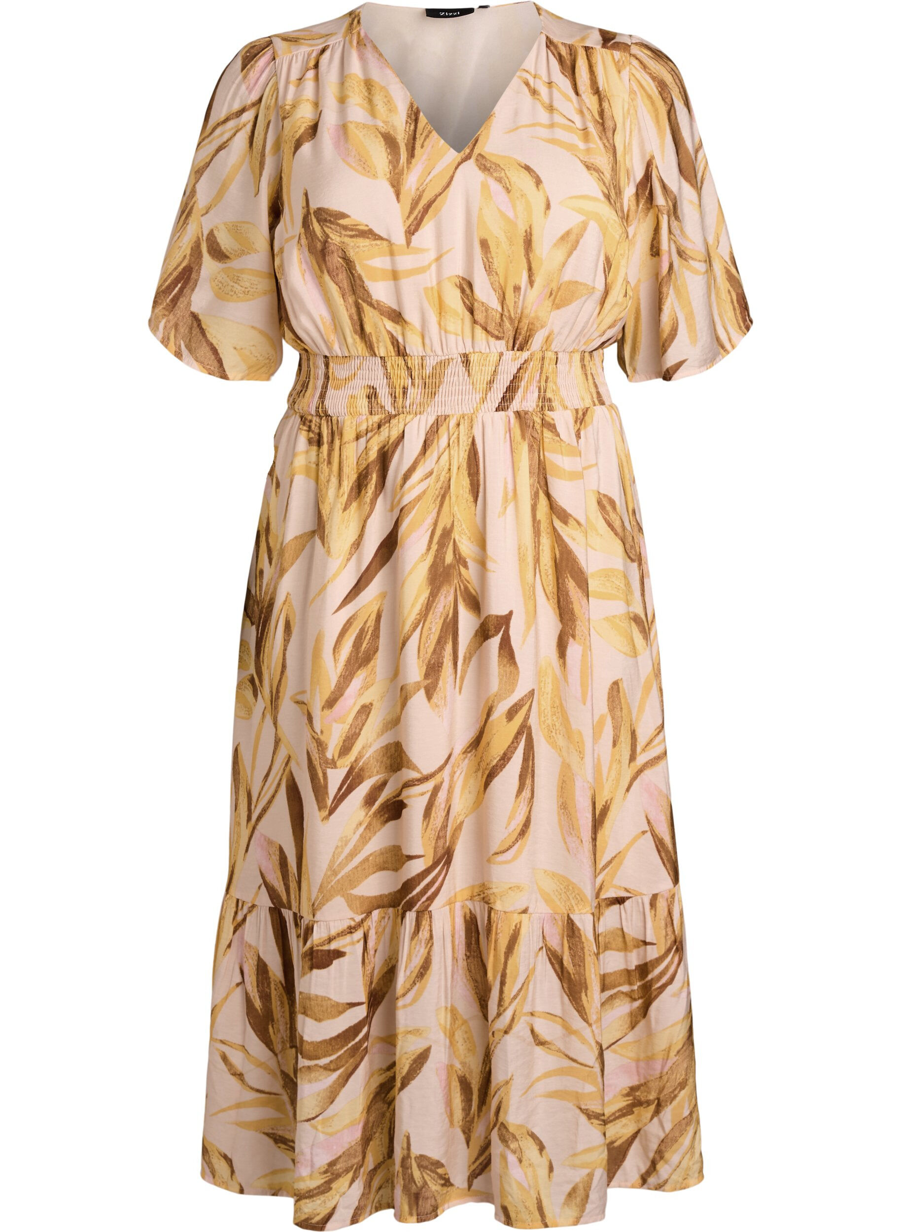 ZizziMidikleid aus Viskose mit Blattmuster und gesmokter Taille, Gelb, Packshot image number 0
