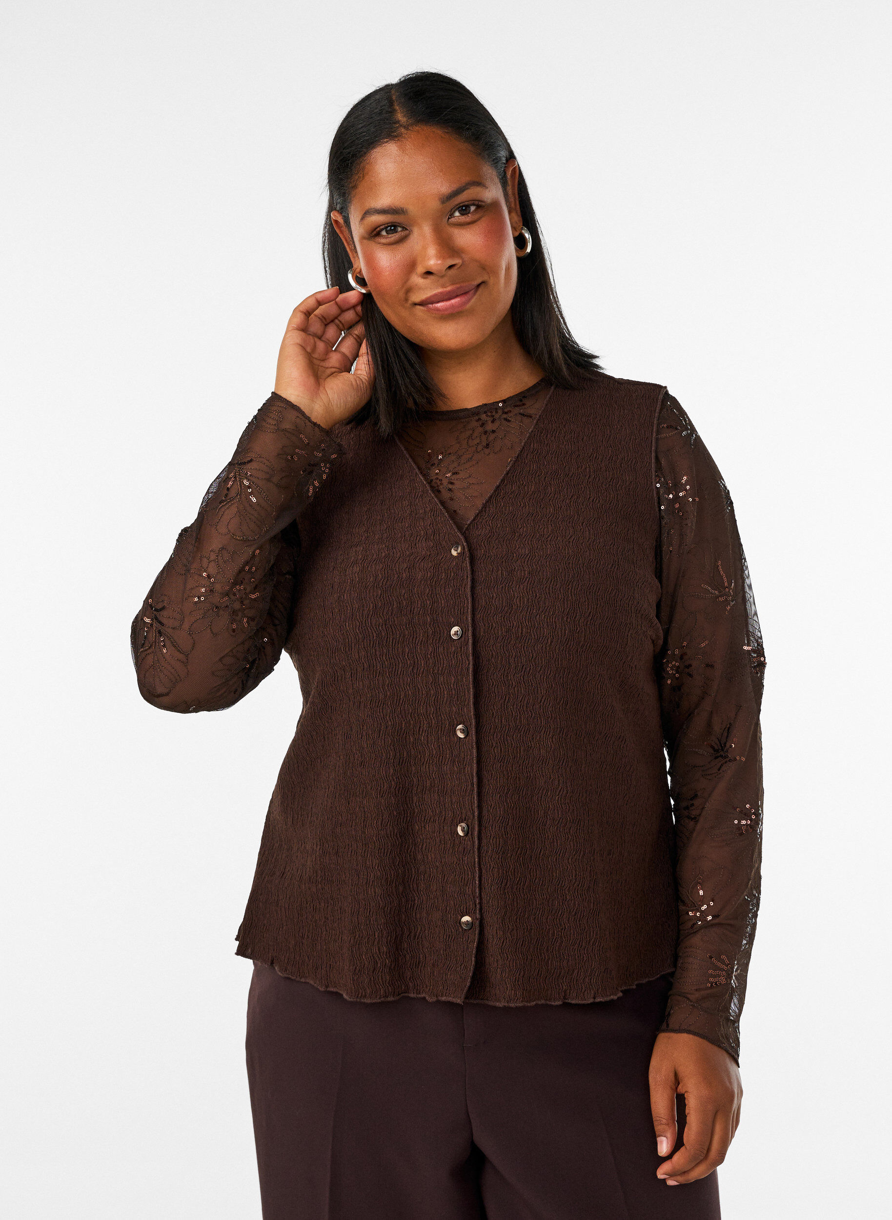 ZizziBluse aus Mesh mit Blumen und Pailletten, Braun, Model image number 0