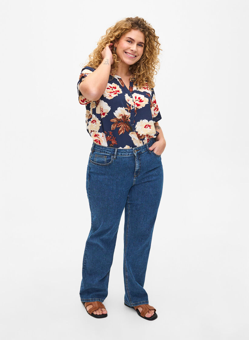Bluse mit kurzen &Auml;rmeln und V-Ausschnitt , Blau, Model image number 1